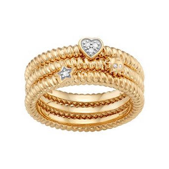 Jewelexcess Sterling Silver Diamond Accent Heart, Sun & Star Stack Ring Set