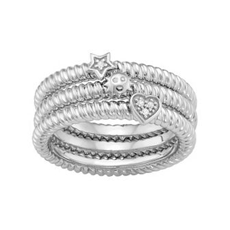 Jewelexcess Sterling Silver Diamond Accent Heart, Sun & Star Stack Ring Set