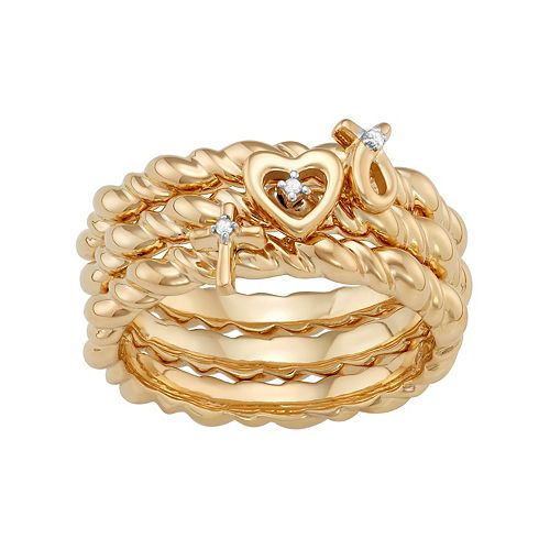 Sterling Silver Diamond Accent Heart, Cross & Ribbon Stack Ring Set