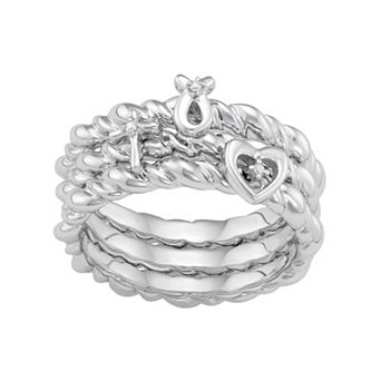Jewelexcess Sterling Silver Diamond Accent Heart, Cross & Ribbon Stack Ring Set