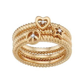 Jewelexcess Sterling Silver Diamond Accent Heart, Star & Peace Sign Stack Ring Set