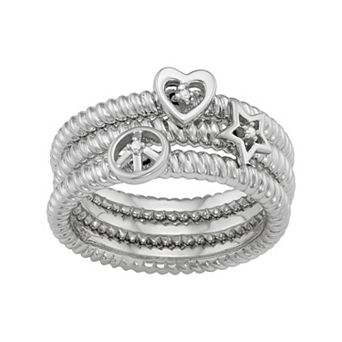 Jewelexcess Sterling Silver Diamond Accent Heart, Star & Peace Sign Stack Ring Set