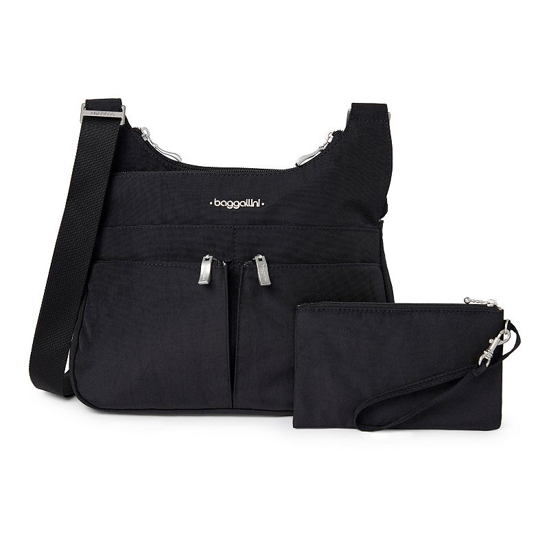 Women's Baggallini Cross Over Crossbody Bag with RFID Blocking Wristlet, Black Sand