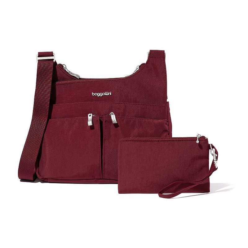 Women's Baggallini Cross Over Crossbody Bag with RFID Blocking Wristlet, Dark Red