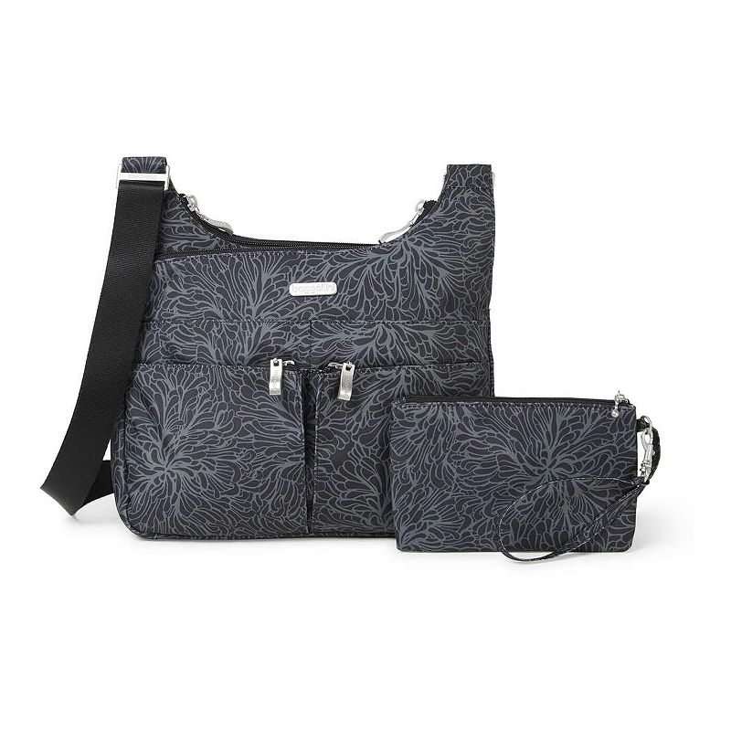 Women's Baggallini Cross Over Crossbody Bag with RFID Blocking Wristlet, Black Blossom