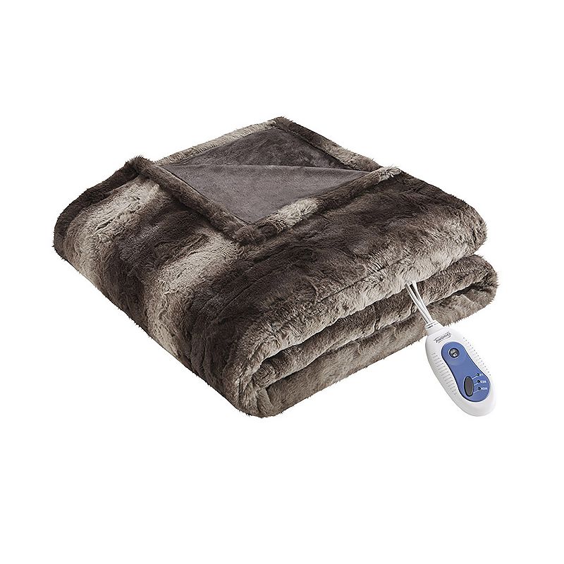 Beautyrest Marselle Oversized Faux Fur Heated Throw, Med Brown
