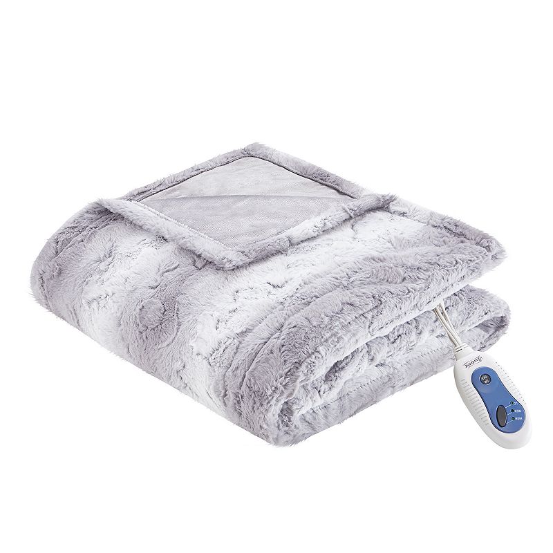 Beautyrest Marselle Oversized Faux Fur Electric Heated Throw Blanket, Grey