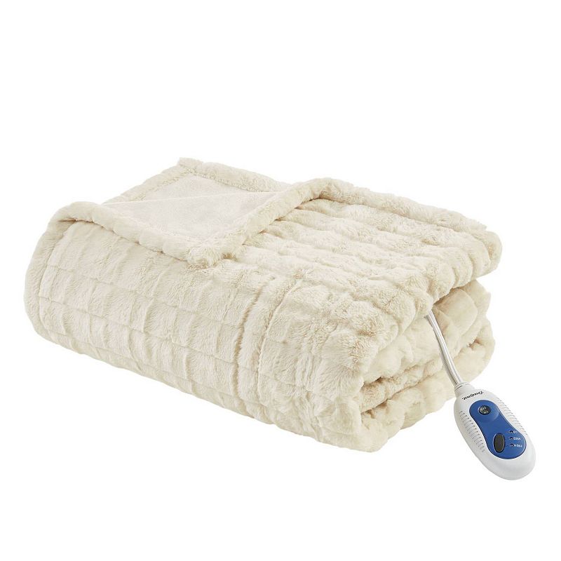 Beautyrest Marselle Oversized Faux Fur Electric Heated Throw Blanket, Ivory Texture
