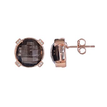 Oro Leoni Rose Gold Tone Sterling Silver Smoky Quartz & Diamond Accent Stud Earrings