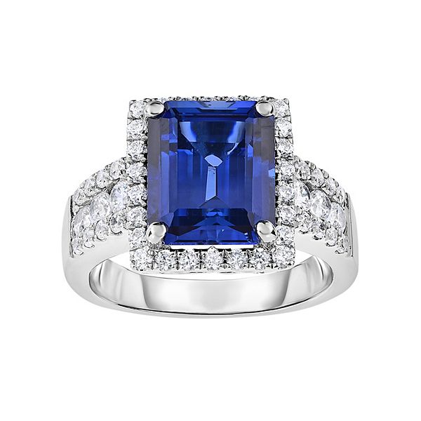 Sterling Silver Lab-Created Sapphire & Cubic Zirconia Square Halo Ring