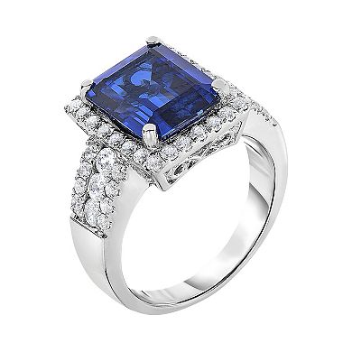 Oro Leoni Sterling Silver Lab-Created Sapphire & Cubic Zirconia Square Halo Ring