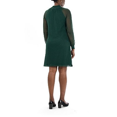 women's nina leonard mesh yoke trapeze dress Nina Leonard Elbow-Sleeve Jewel-Neck Trapeze Dress - Red