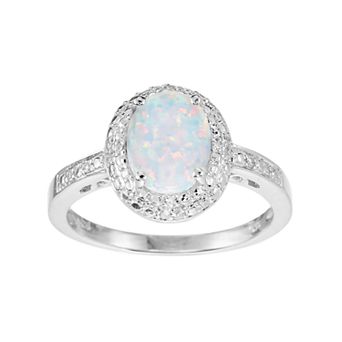 Oro Leoni Sterling Silver Lab-Created Opal & Diamond Accent Halo Ring