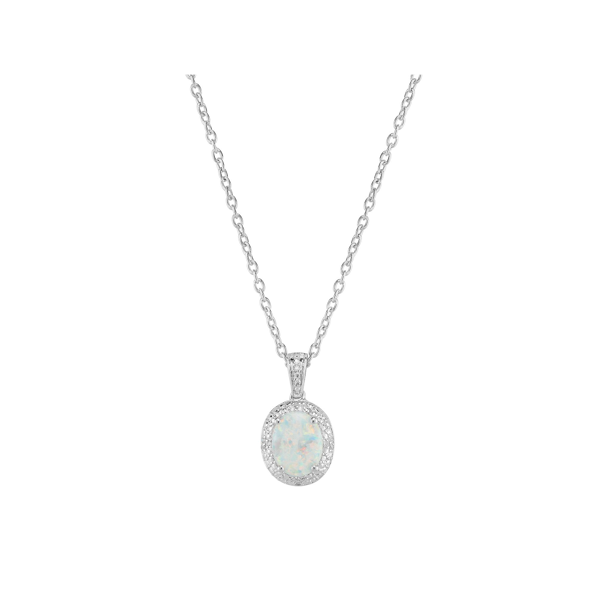 Sterling Silver Lab-Created White Opal & Diamond Accent Oval Halo Pendant, 