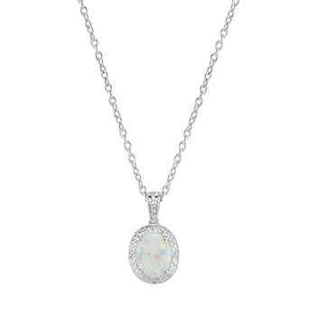 Oro Leoni Sterling Silver Lab-Created White Opal & Diamond Accent Oval Halo Pendant