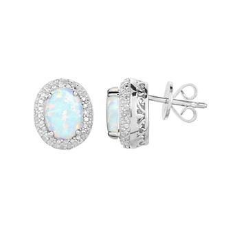 Oro Leoni Sterling Silver Lab-Created White Opal & 1/10 Carat T.W. Diamond Oval Halo Stud Earrings