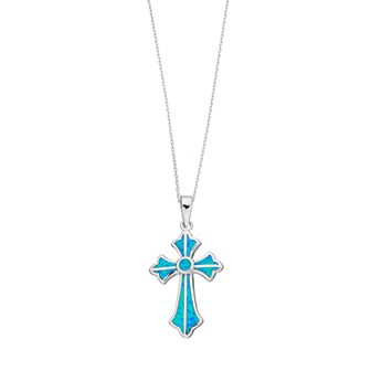 Sterling Silver Lab-Created Blue Opal Cross Pendant