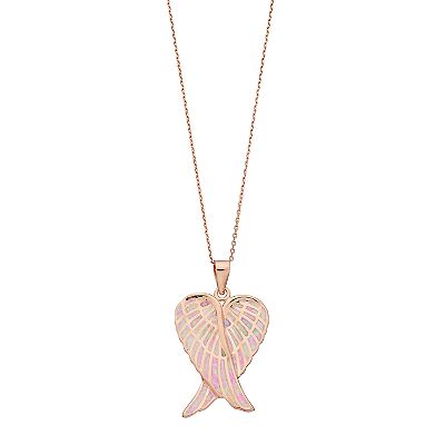 14k Rose Gold Over Silver Lab Created Pink Opal Angel Wings Pendant