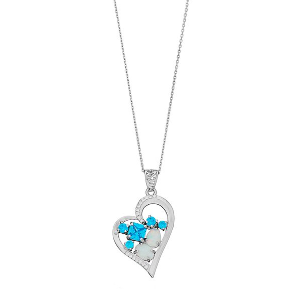 Sterling Silver Lab-Created Opal & Cubic Zirconia Heart Pendant Necklace