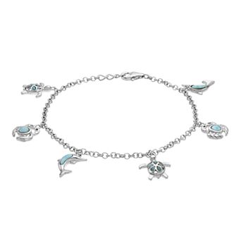Nautica Rocks Sterling Silver Larimar Turtle, Dolphin & Crab Charm Bracelet