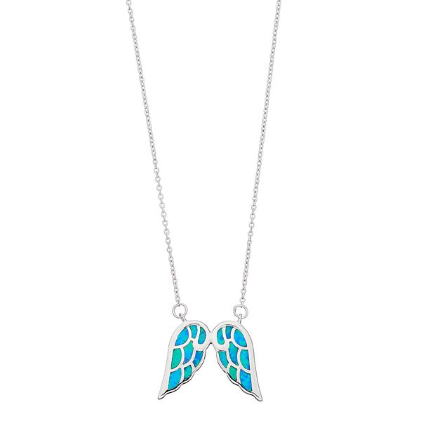 Sterling Silver Lab-Created Blue Opal Angel Wing Necklace