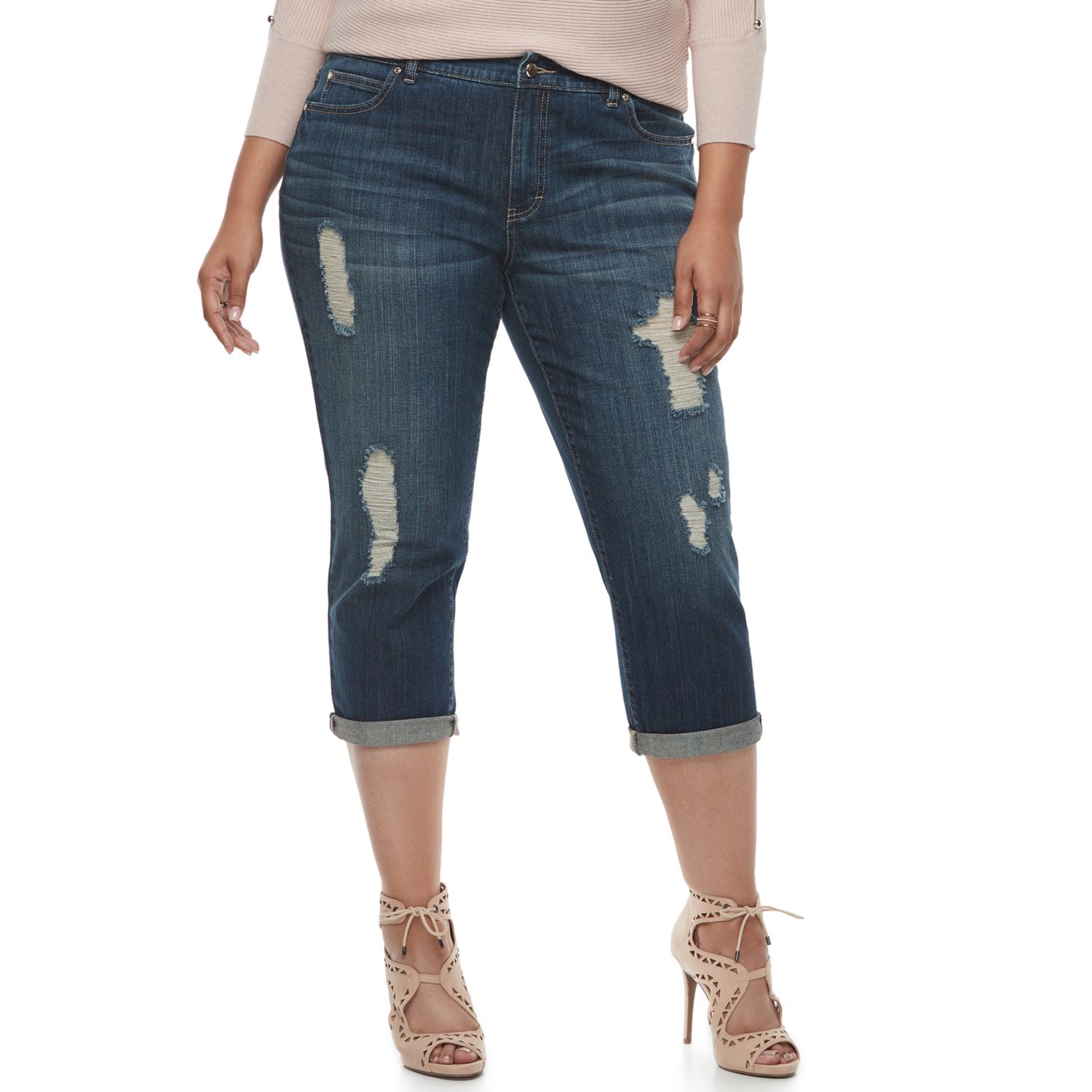 plus size ripped capri jeans