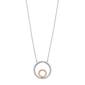 Argento Bella Two Tone Sterling Silver Cubic Zirconia Circle Necklace