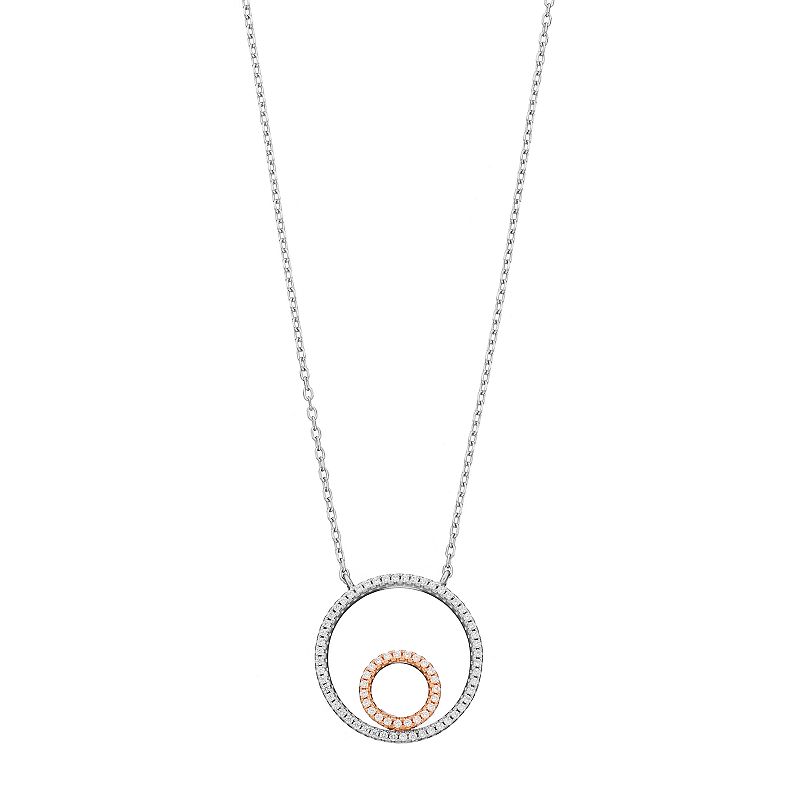 Two Tone Sterling Silver Cubic Zirconia Circle Necklace, Womens, White