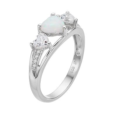 Sterling Silver Lab-Created Opal & White Sapphire Triple Heart Ring