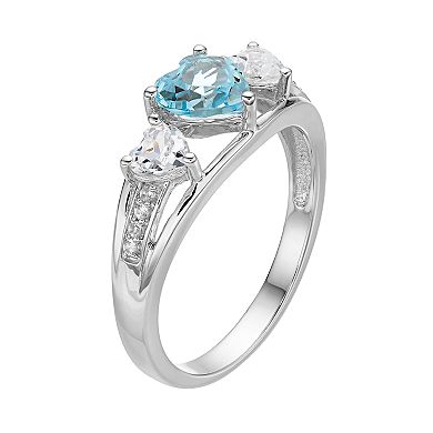 Sterling Silver Simulated Aquamarine & Lab-Created White Sapphire Triple Heart Ring
