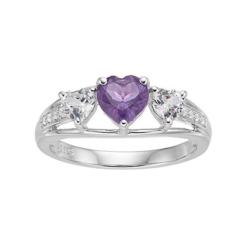 Sterling Silver Amethyst & LabCreated White Sapphire Triple Heart Ring