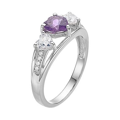 Sterling Silver Amethyst & Lab-Created White Sapphire Triple Heart Ring