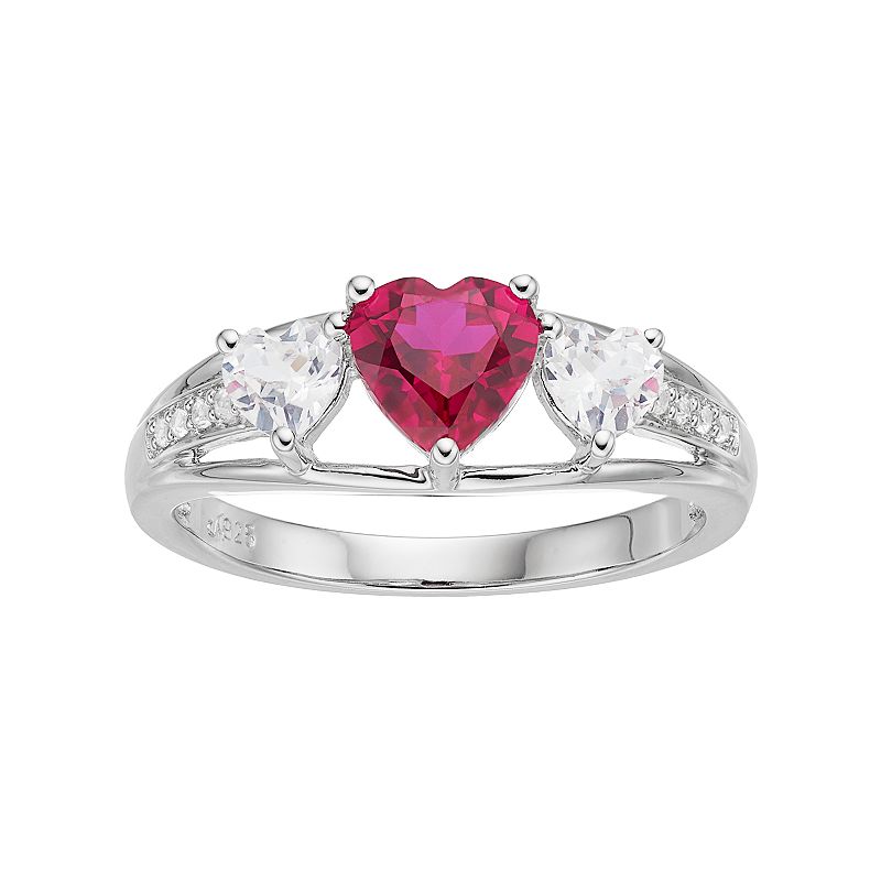 Sterling Silver Lab-Created Ruby & White Sapphire Triple Heart Ring, Women