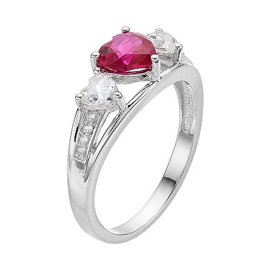 Sterling Silver Lab-Created Ruby & White Sapphire Triple Heart Ring
