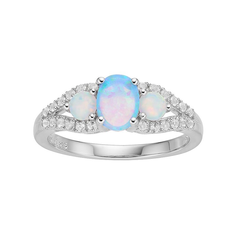 Sterling Silver Lab-Created Opal & White Sapphire 3-Stone Ring, Womens, Si