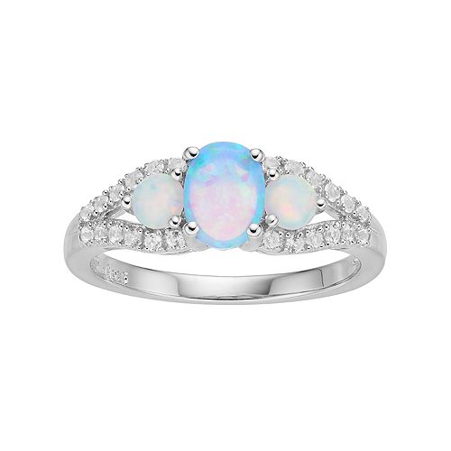 Sterling Silver Lab-Created Opal & White Sapphire 3-Stone Ring