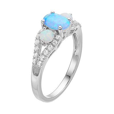 Sterling Silver Lab-Created Opal White Sapphire 3-Stone Ring
