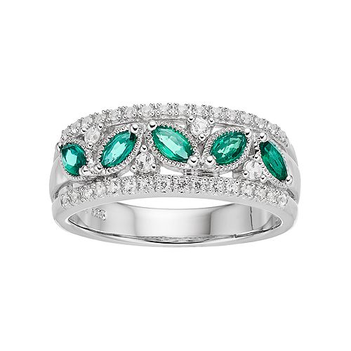 Sterling Silver LabCreated Emerald & White Sapphire Multi Row Ring