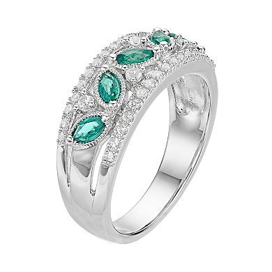 Sterling Silver Lab-Created Emerald & White Sapphire Multi Row Ring