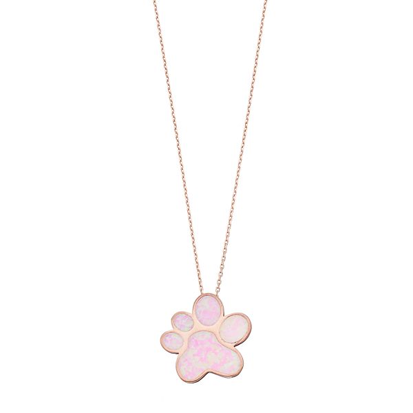 14k Rose Gold Over Silver Lab-Created Pink Opal Paw Print Pendant