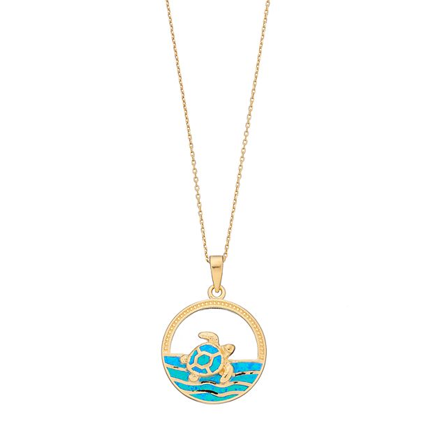 14k Gold Over Silver Lab Created Blue Opal Turtle Sea Pendant