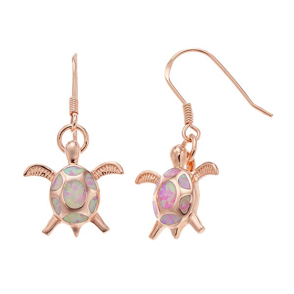 14k Rose Gold Over Silver Lab-Created Pink Opal Turtle Drop Earrings