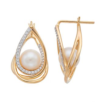 14k Gold Freshwater Cultured Pearl & 1/3 Carat T.W. Diamond Teardrop Earrings