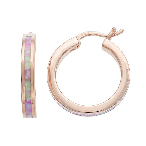 14k Rose Gold Over Silver LabCreated Pink Opal Hoop Earrings