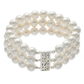 Sterling Silver Freshwater Cultured Pearl Triple Row Bracelet