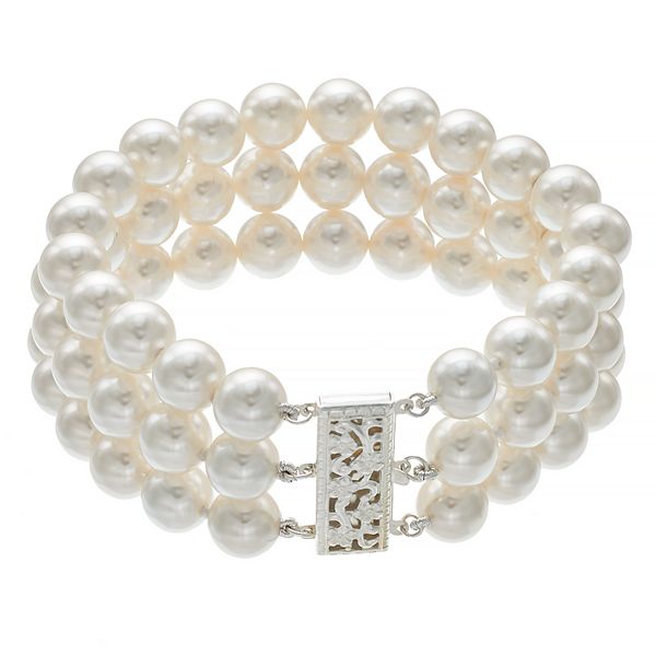 Sterling Silver Freshwater Cultured Pearl Triple Row Bracelet