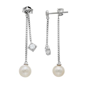 Sterling Silver Freshwater Cultured Pearl & Cubic Zirconia Linear Front Back Earrings