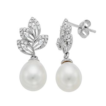 Sterling Silver Freshwater Cultured Pearl & Cubic Zirconia Leaf Drop Earrings