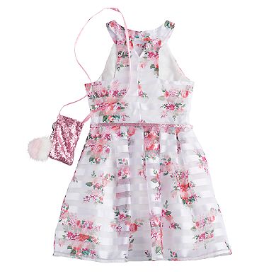 Girls 7-16 & Plus Size Knitworks Floral Burnout Glitter Belted Dress with Necklace & Purse 