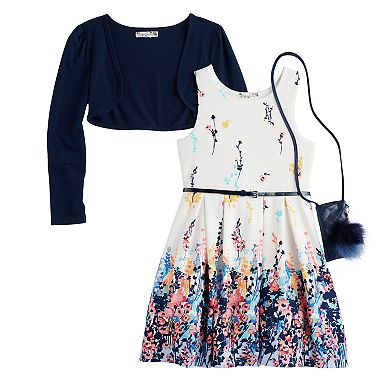 Girls 7-16 & Plus Size Knitworks Shrug & Floral Textured Skater Dress Set with Purse